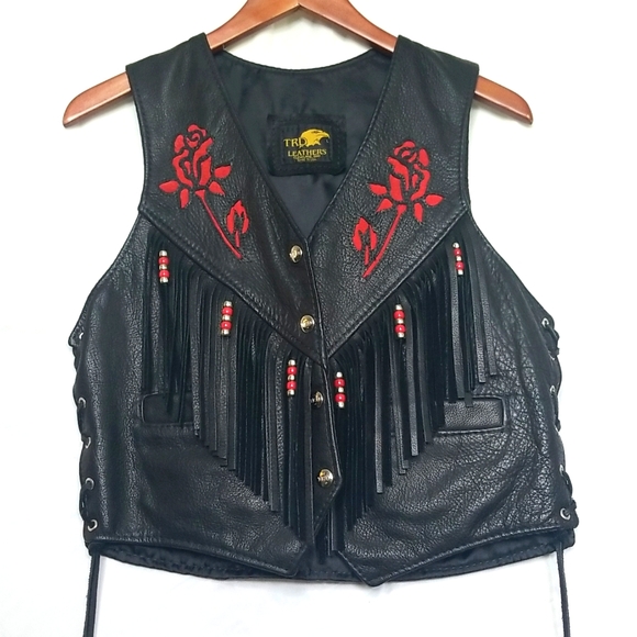 TRD Jackets & Blazers - TRD Vintage Leather Vest With Roses and Beaded Fringe, Women Size Large.